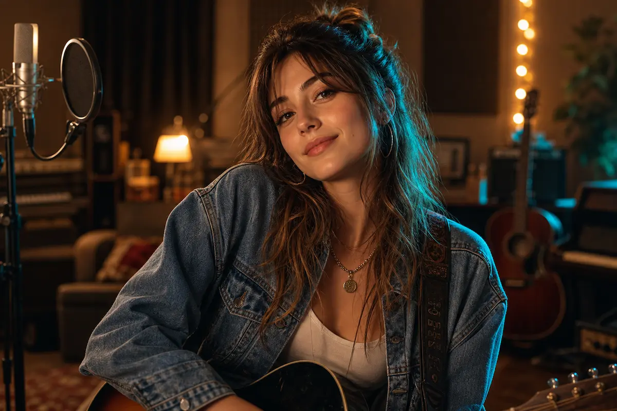 Relaxed female musician promo portrait in a music studio